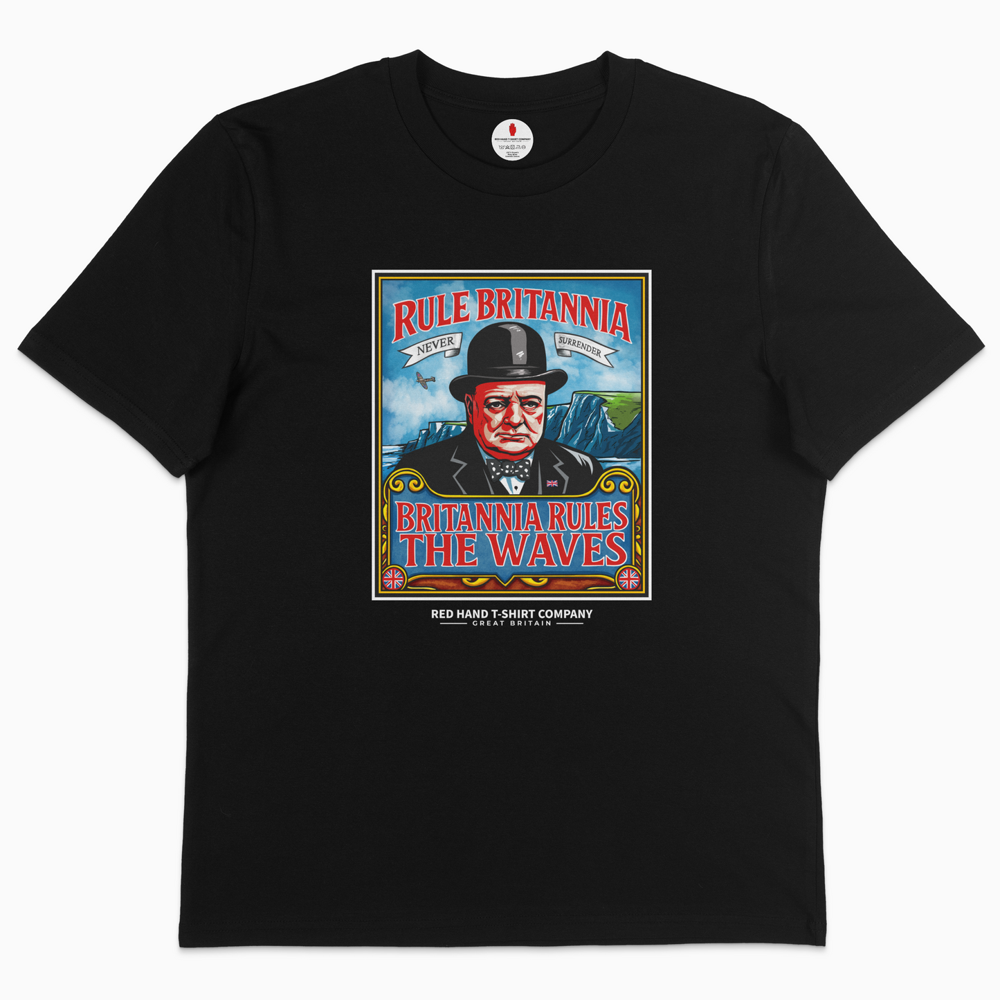 Black t-shirt with a colorful graphic design featuring a man in a hat and text on a white background.