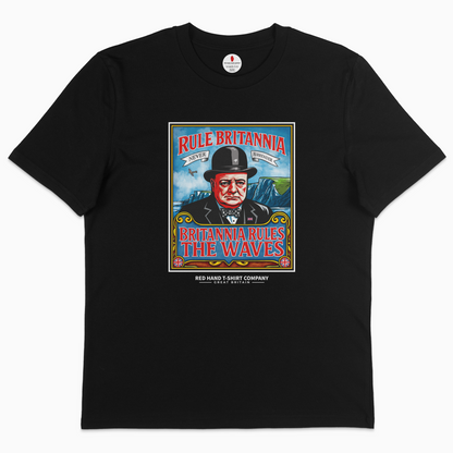 Black t-shirt with a colorful graphic design featuring a man in a hat and text on a white background.